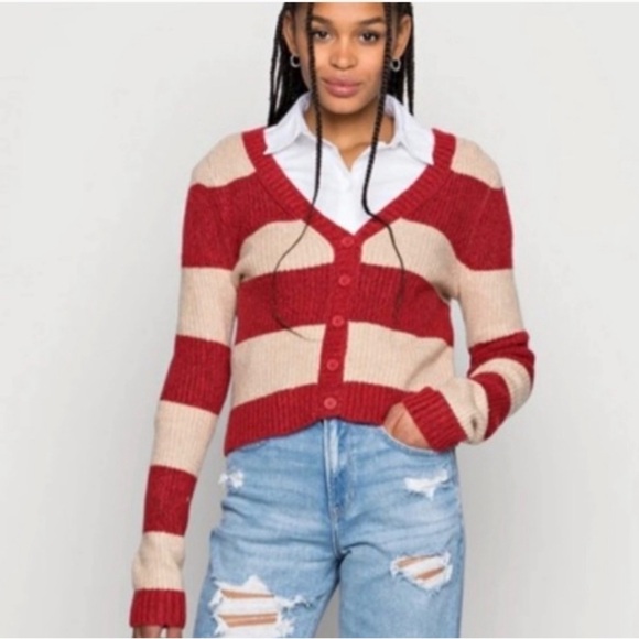American Eagle Outfitters Sweaters - American Eagle Rugby Striped Cropped Cardigan NWT size Medium Red & Beige